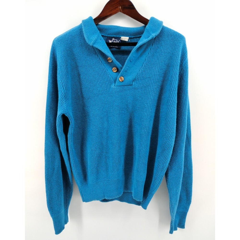 Woolrich Sweater Teal Blue Cotton Blend 90s Shawl Collar Pullover Made In‎ USA